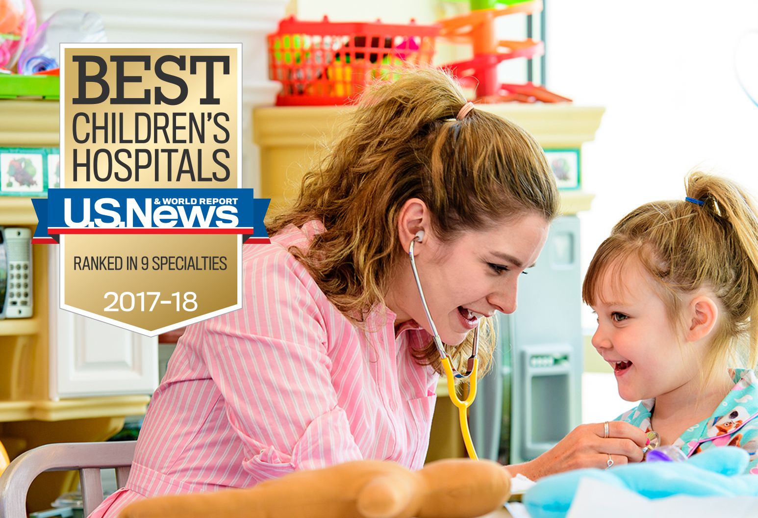 A brown badge and blue and red ribbon that reads "Best Children's Hospitals. U.S. News and World Report. Ranked in 9 Specialties. 2017-18"